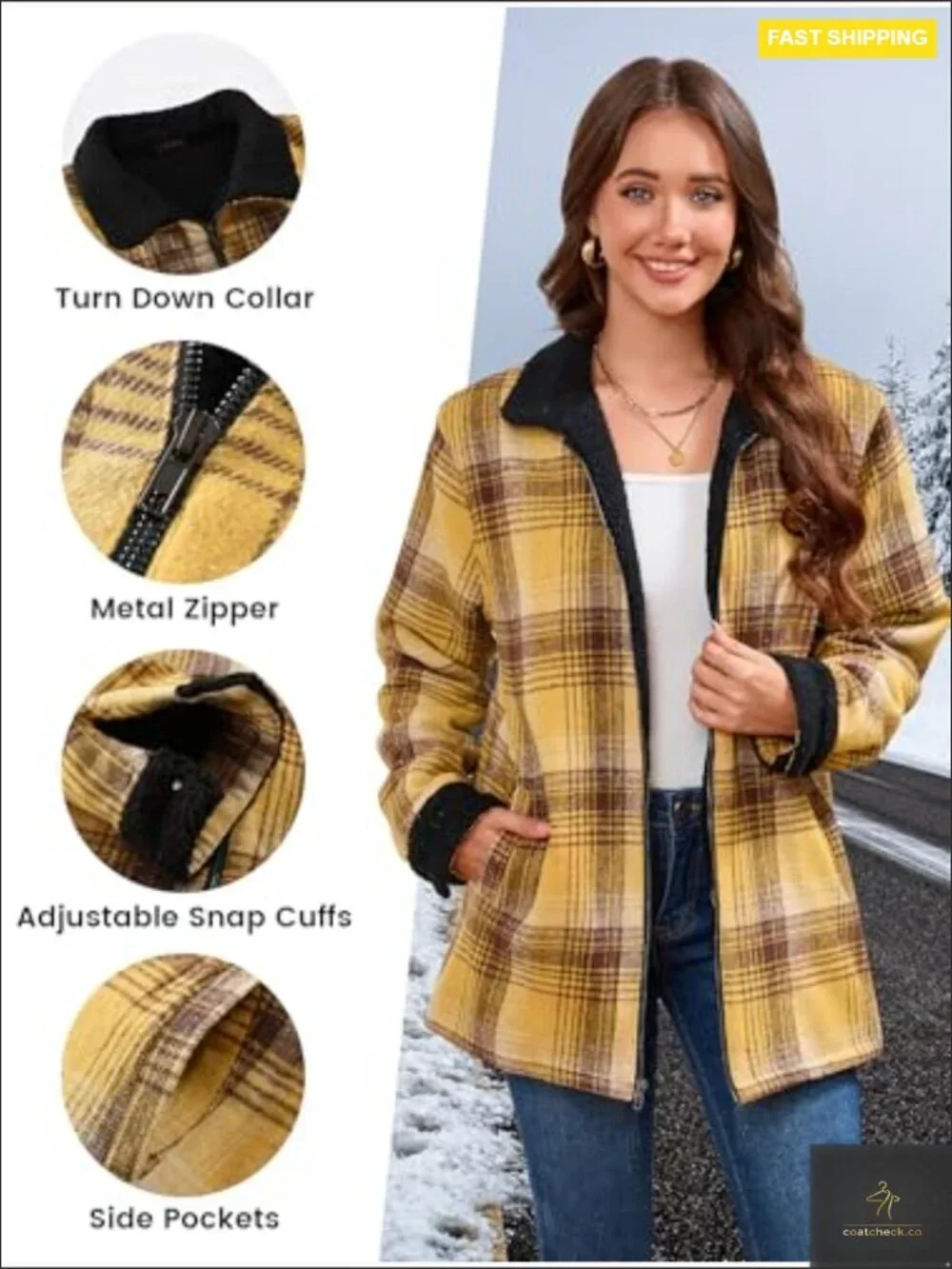 Sherpa Lined Fleece Jacket Plaid Flannel Loose Fit Boyfriend Style Zip Up